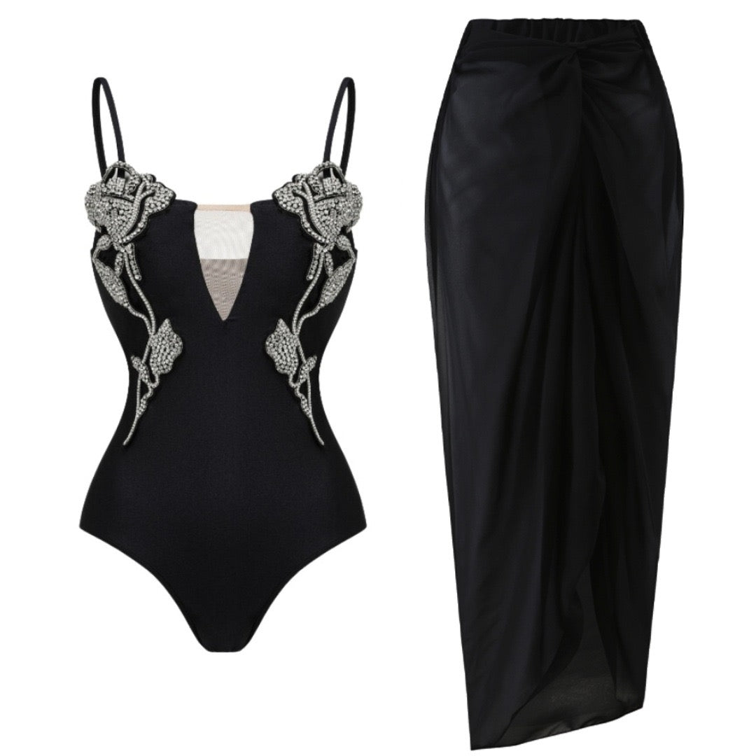 Rose Embellished Monokini with Skirt Set